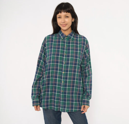 80s McGregor Plaid Flannel Button-Down Shirt Forest Green Navy Tartan Large L