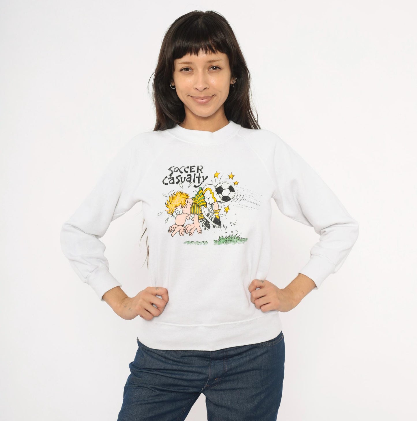 90s Soccer Casualty Cartoon Graphic Raglan Sweatshirt White Cotton Extra Small XS