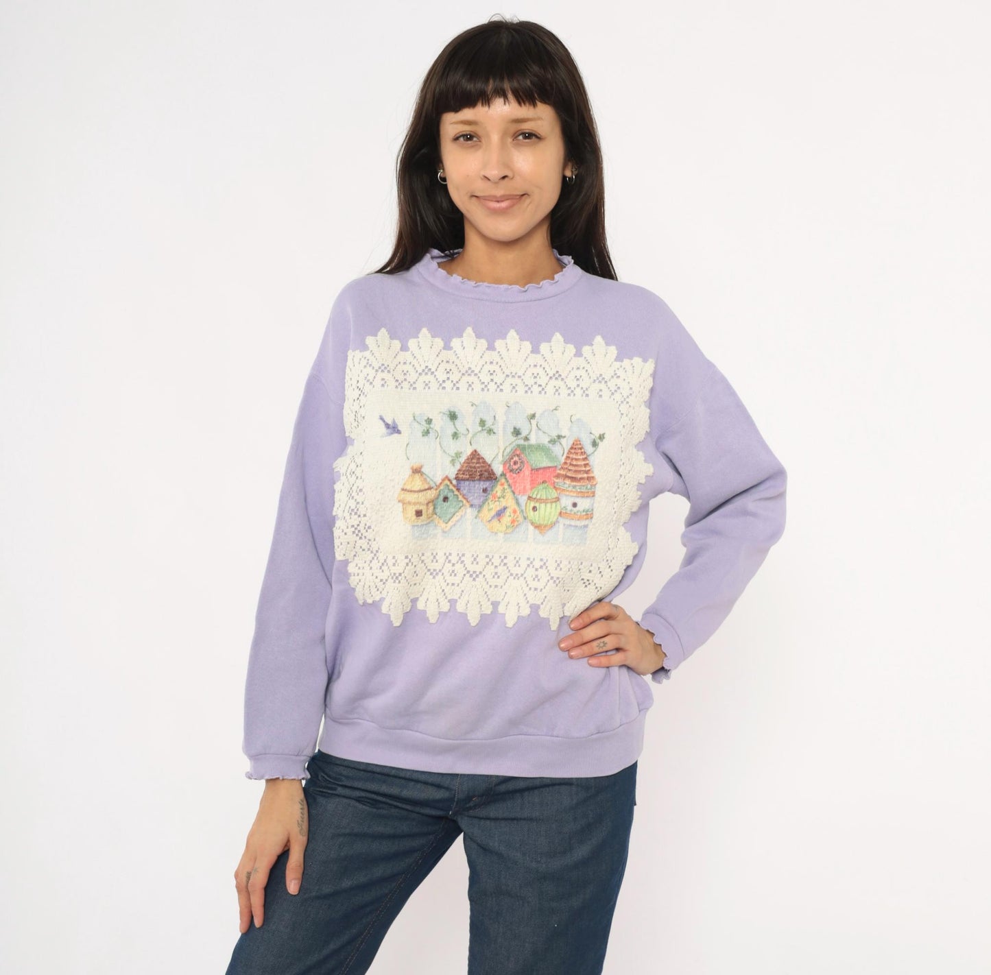 90s Tultex Lavender Birdhouse Applique Sweatshirt Ruffled Crewneck Large L