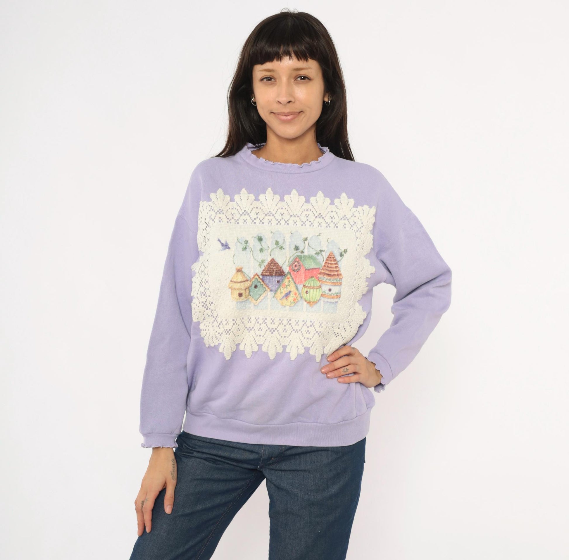 90s Tultex Lavender Birdhouse Applique Sweatshirt Ruffled Crewneck Large L
