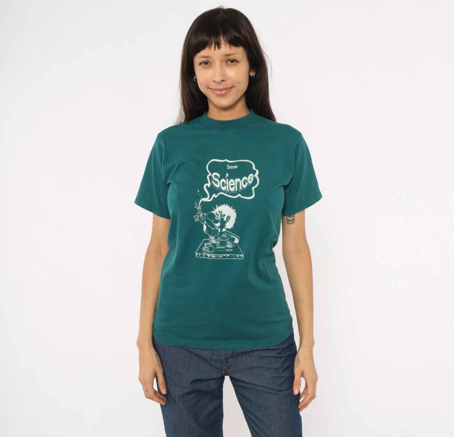 90s Jerzees Mad Scientist Discover Science Graphic Tee Teal Small