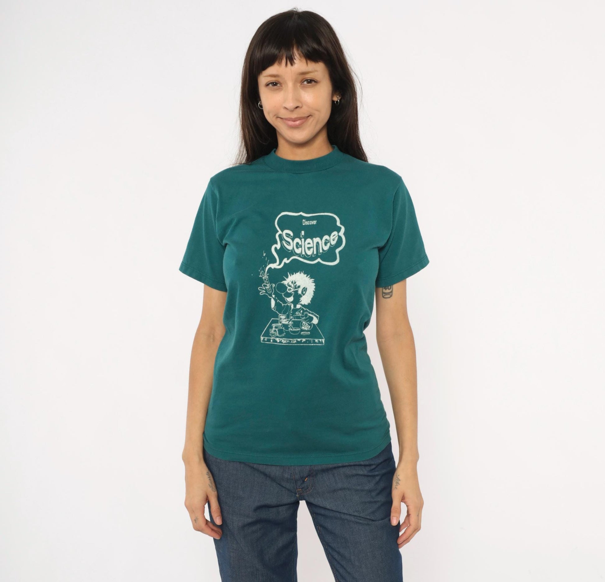90s Jerzees Mad Scientist Discover Science Graphic Tee Teal Small