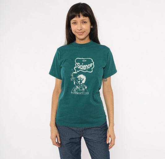 90s Jerzees Mad Scientist Discover Science Graphic Tee Teal Small