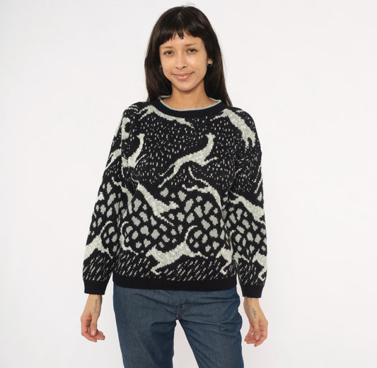 90s Arielle Greyhound Jacquard Knit Sweater Black Ivory Crewneck Large L