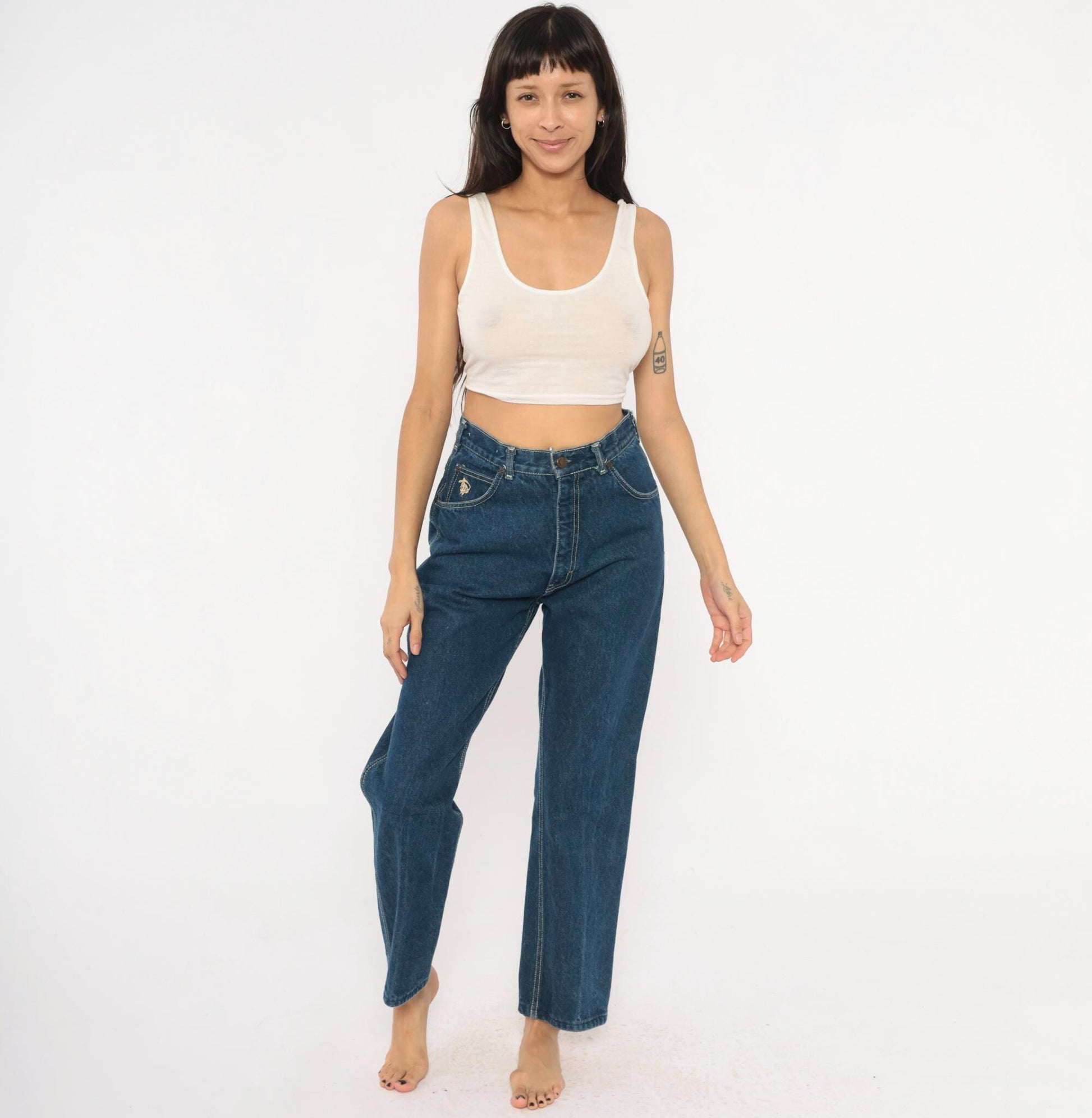 80s Kenny Rogers Western Embroidered Daisy Jeans High Waist Straight Leg Blue 28