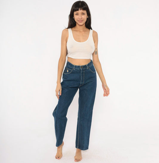 80s Kenny Rogers Western Embroidered Daisy Jeans High Waist Straight Leg Blue 28
