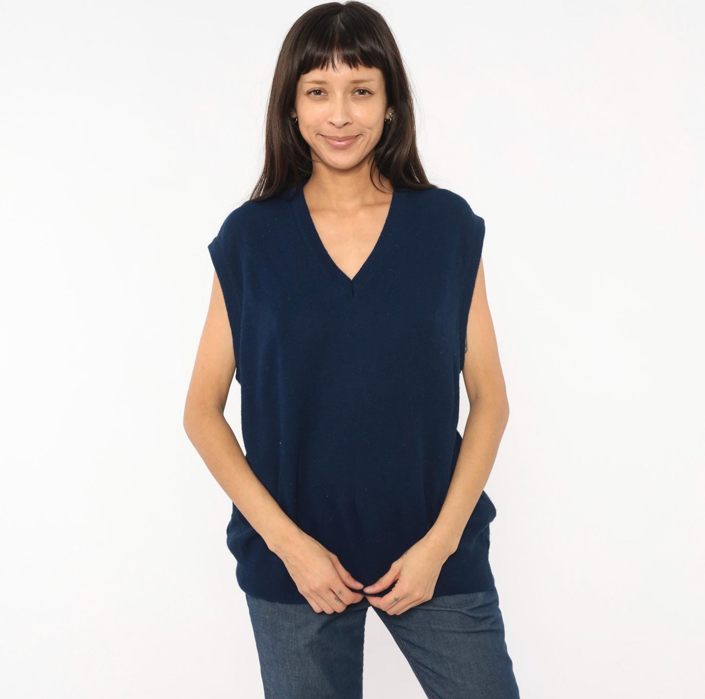80s Janzen Navy Sweater Vest V-Neck Knit Sleeveless Pullover Extra Large XL