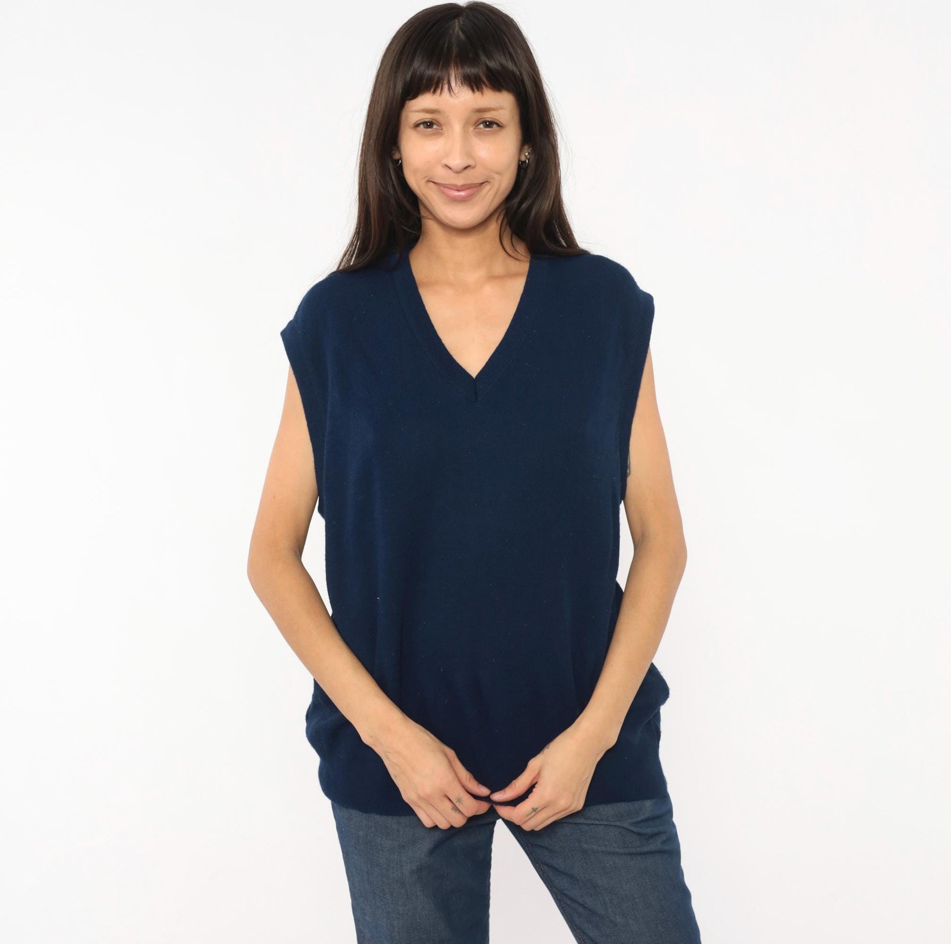 80s Janzen Navy Sweater Vest V-Neck Knit Sleeveless Pullover Extra Large XL