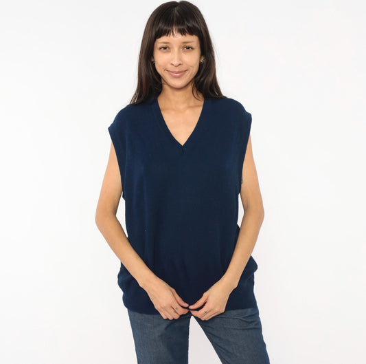 80s Janzen Navy Sweater Vest V-Neck Knit Sleeveless Pullover Extra Large XL