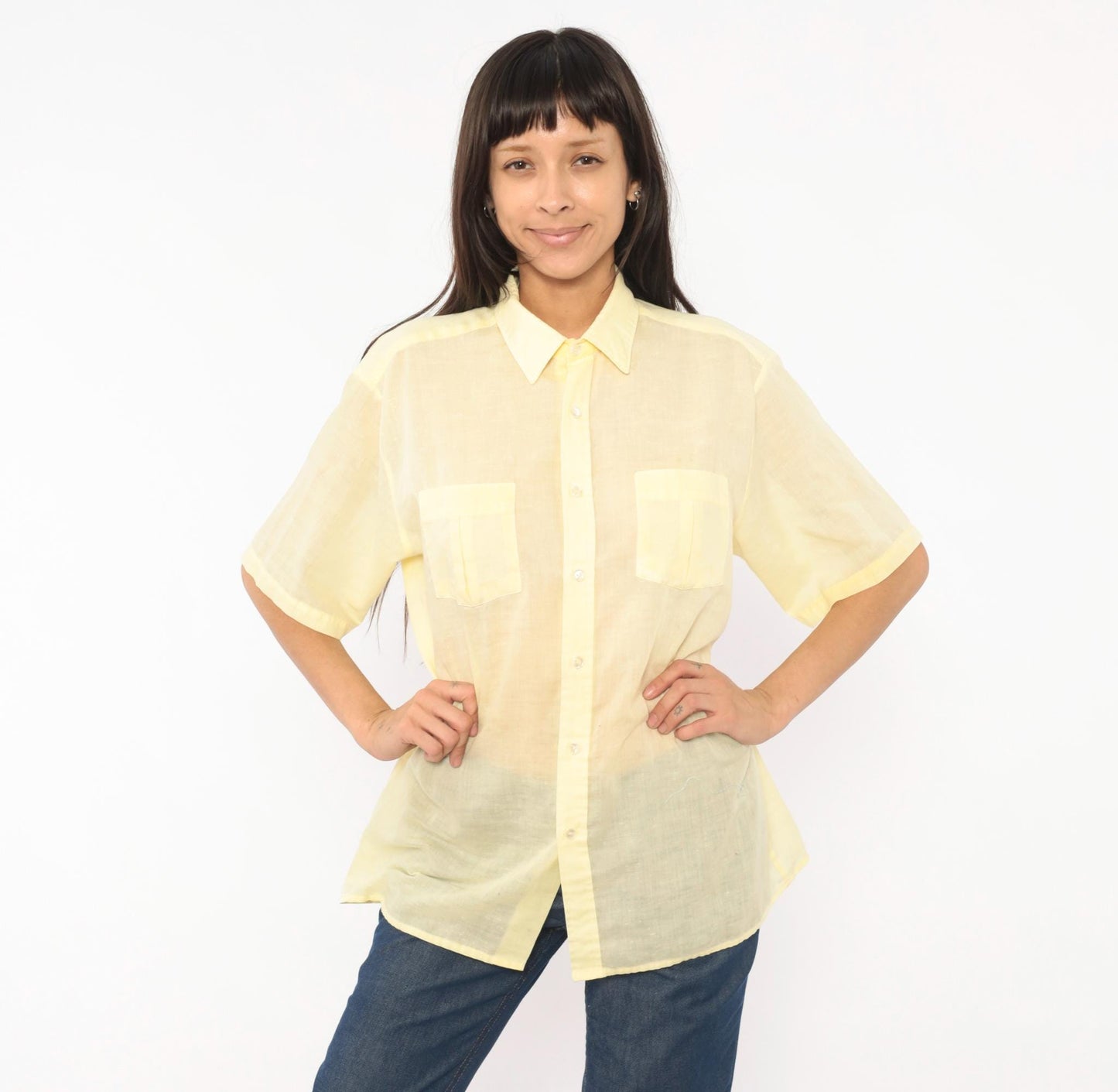 70s Arrow Pale Yellow Camp Collar Shirt Short Sleeve Pointed Chest Pockets Medium