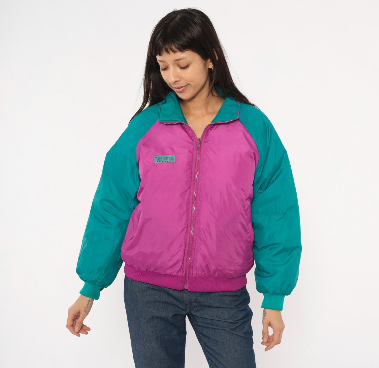 90s Paris Sport Club Reversible Down Puffer Jacket Teal Magenta Medium M