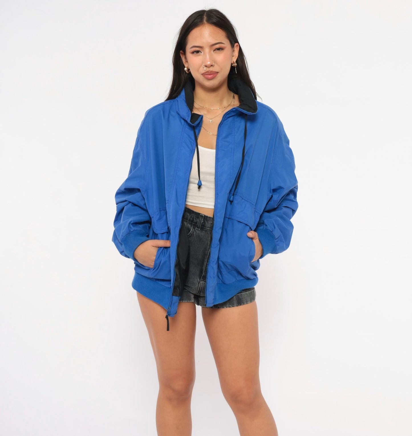 90s North Crest Cobalt Windbreaker Jacket Nylon Zip Front High Collar Large L
