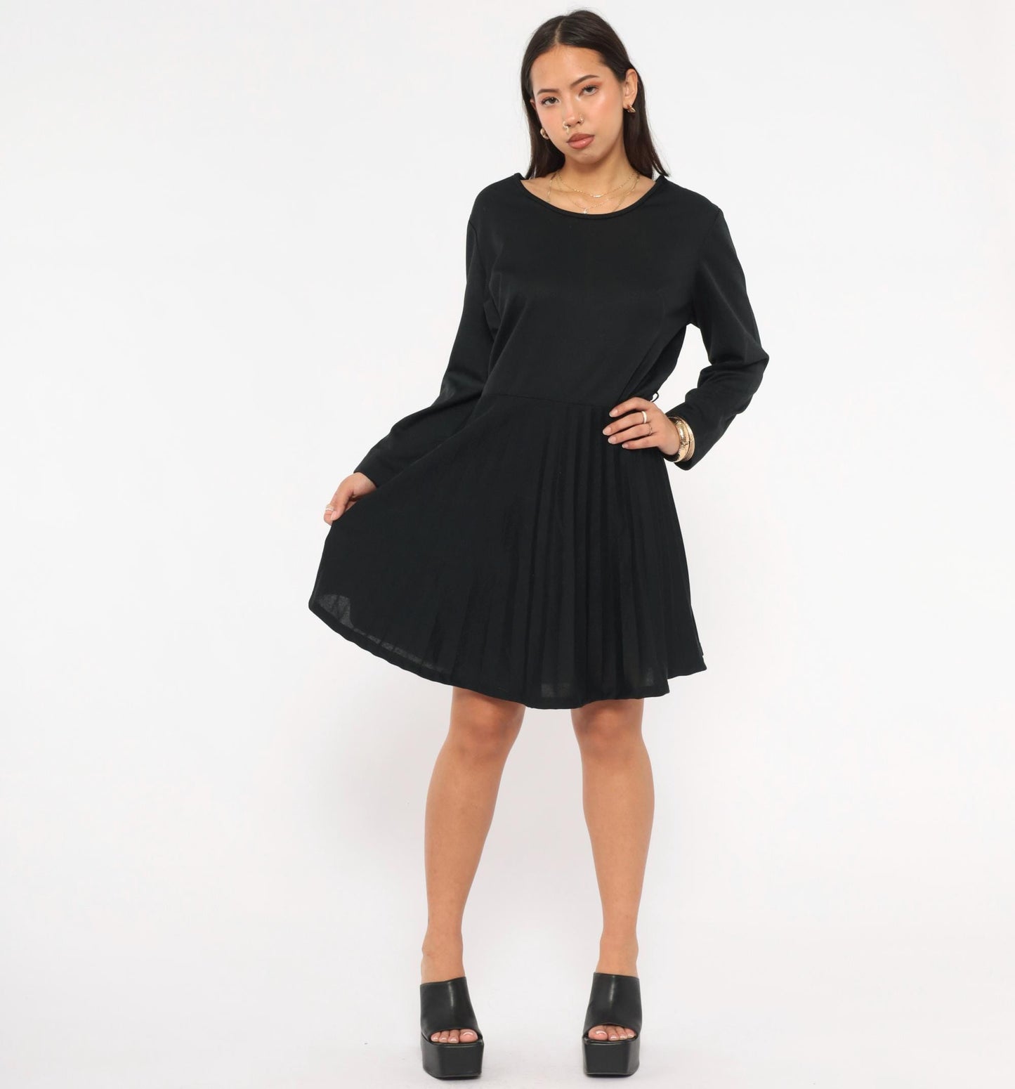 70s Black Pleated A-Line Dress Long Sleeve Drop Waist Scoop Neck Large L
