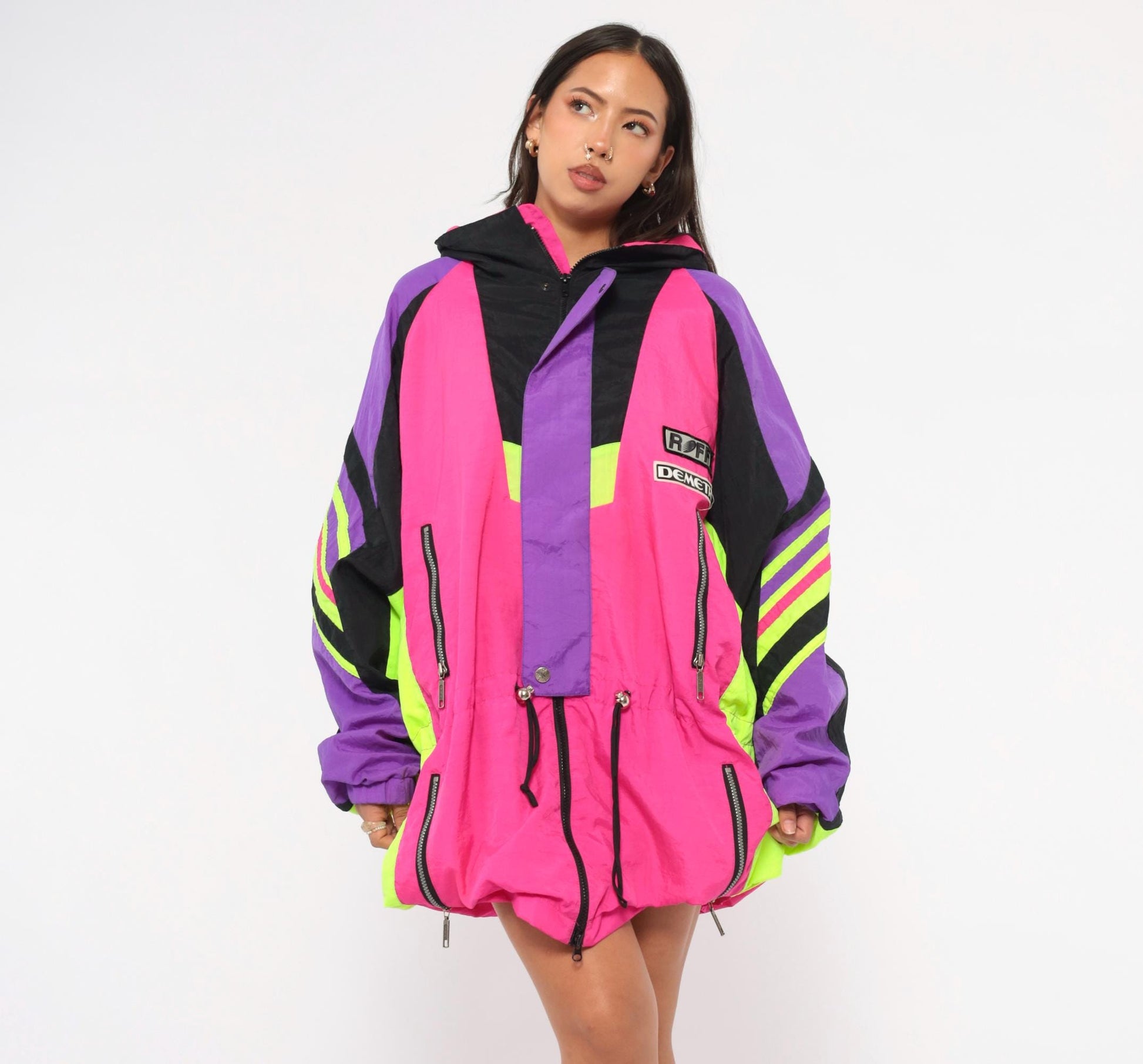 90s Roffe Demetre Neon Pink Ski Anorak Color Block Hooded Jacket Extra Large XL