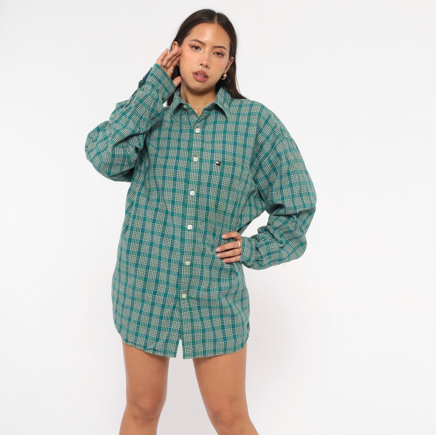 Y2K Tommy Jeans Plaid Flannel Shirt Teal Cotton Button-Up Extra Large