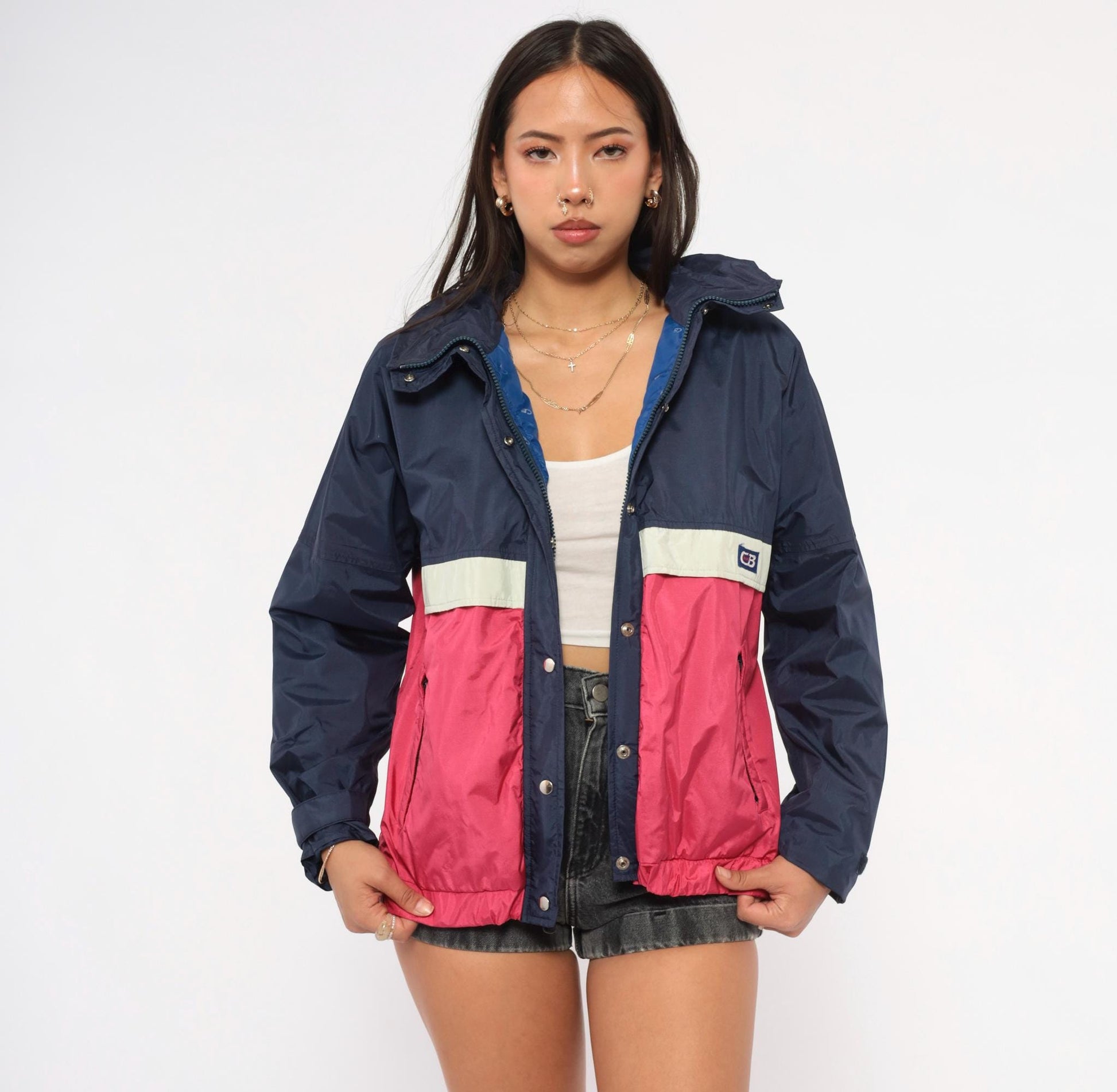 80s CB Sports Color Block Windbreaker Navy Pink Hooded Jacket Medium