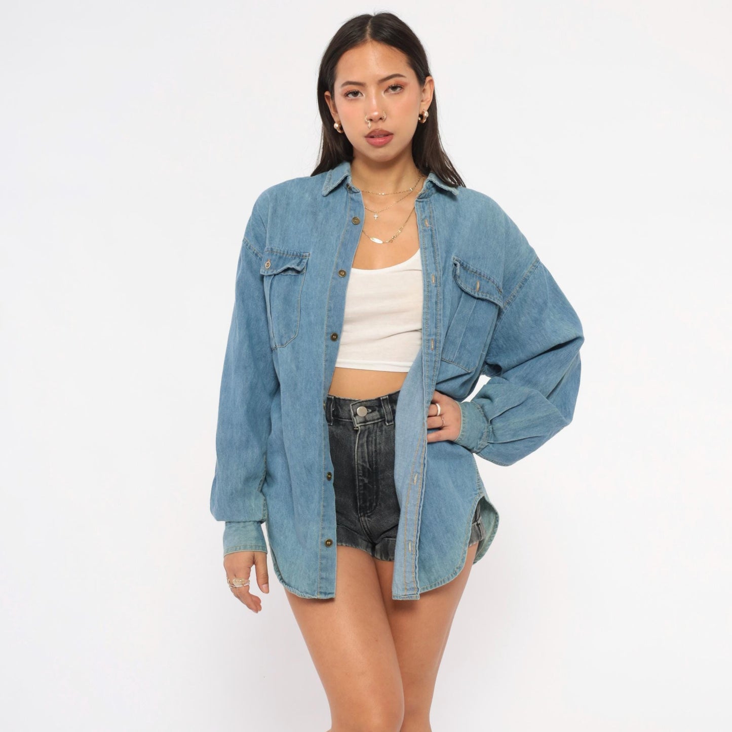 90s Mississippi River Blues Denim Shirt Light Wash Cotton Chambray Medium M
