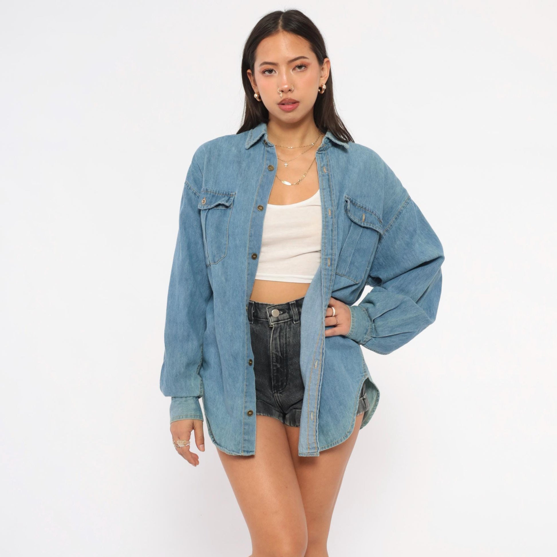 90s Mississippi River Blues Denim Shirt Light Wash Cotton Chambray Medium M