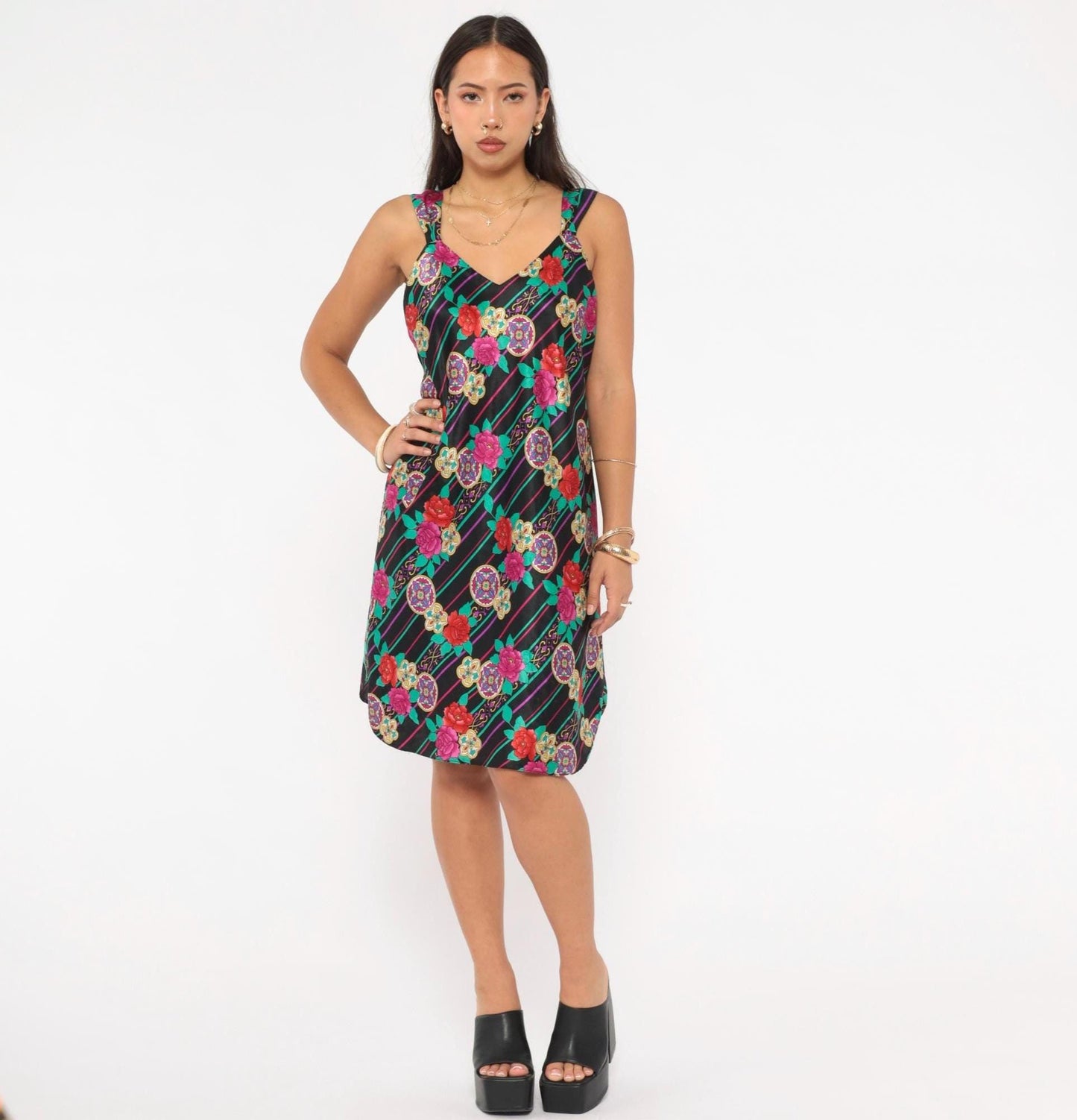 90s Emanuell Floral Medallion Slip Dress Black Fuchsia Teal Knee-Length Medium