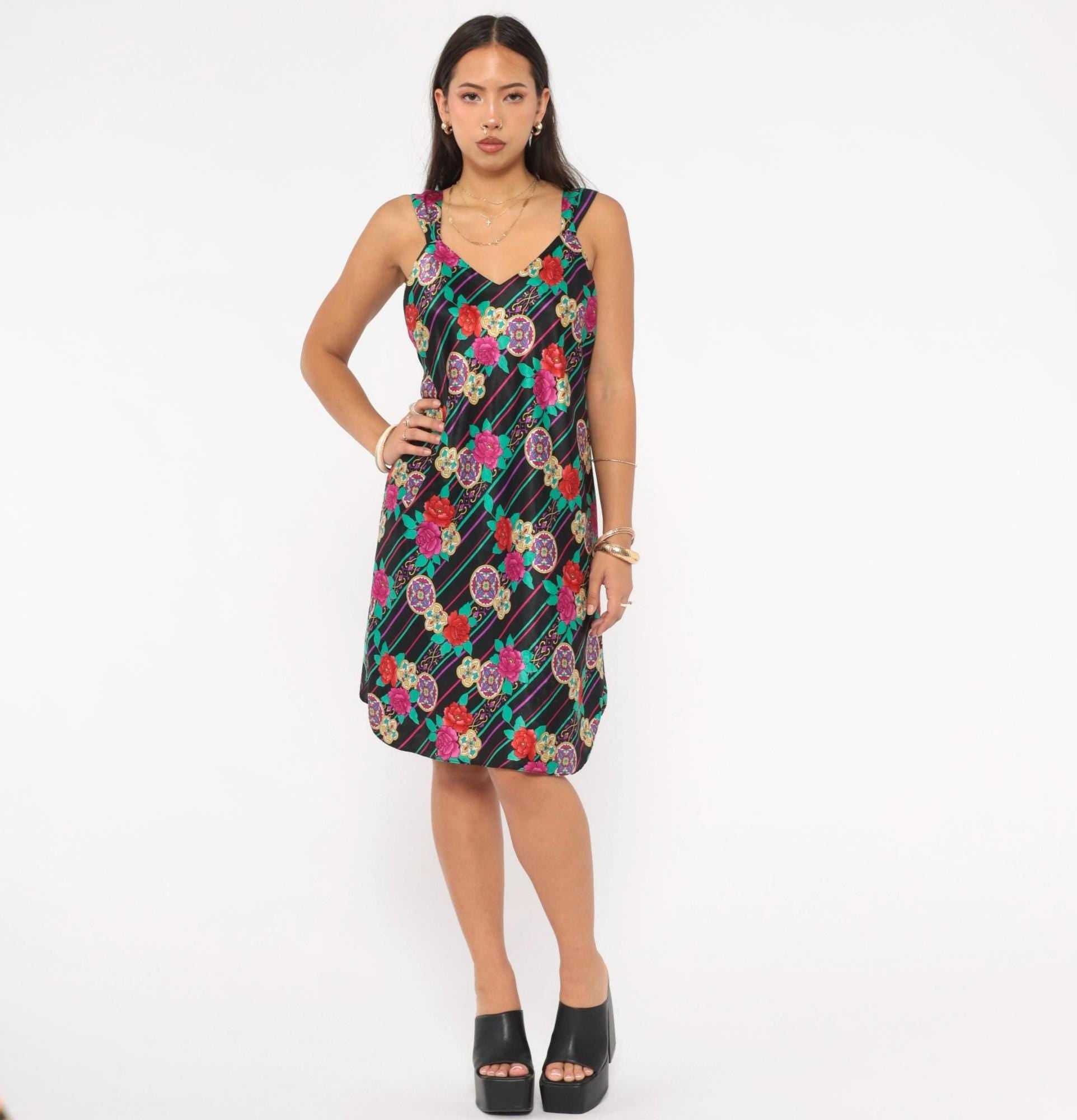 90s Emanuell Floral Medallion Slip Dress Black Fuchsia Teal Knee-Length Medium