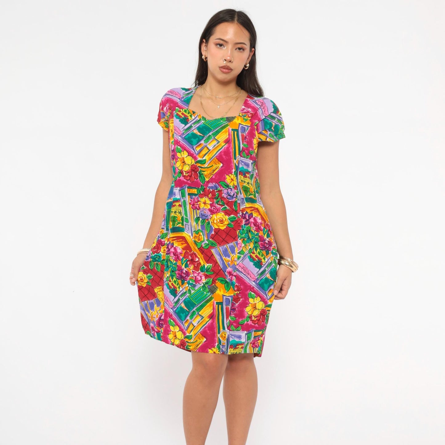 90s Jessica Howard Floral Shift Dress Sweetheart Neckline Knee-Length Medium M
