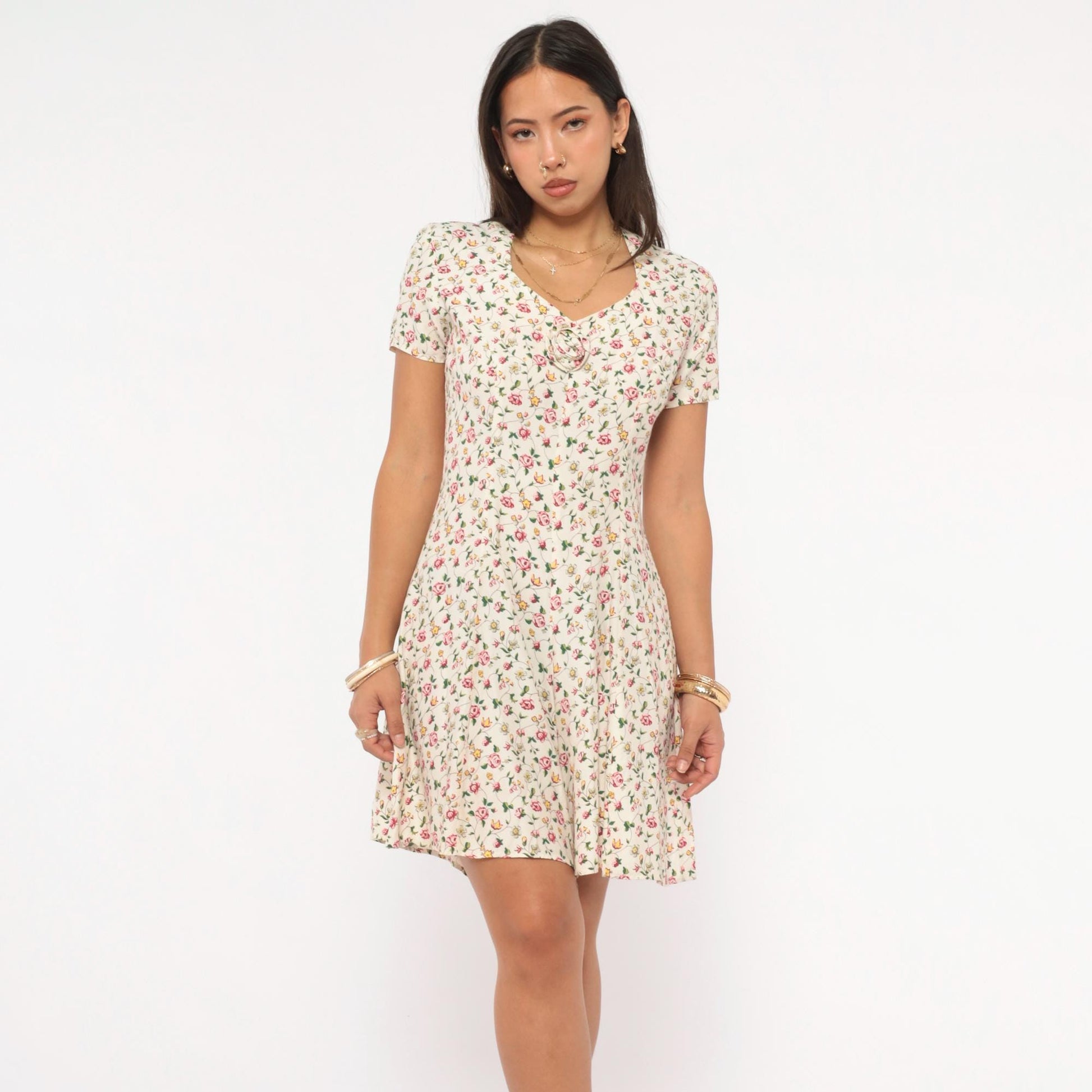 90s Spoiled Girls Floral Mini Romper Cream Rose Print V-Neck Cutout Extra Small XS
