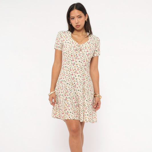90s Spoiled Girls Floral Mini Romper Cream Rose Print V-Neck Cutout Extra Small XS