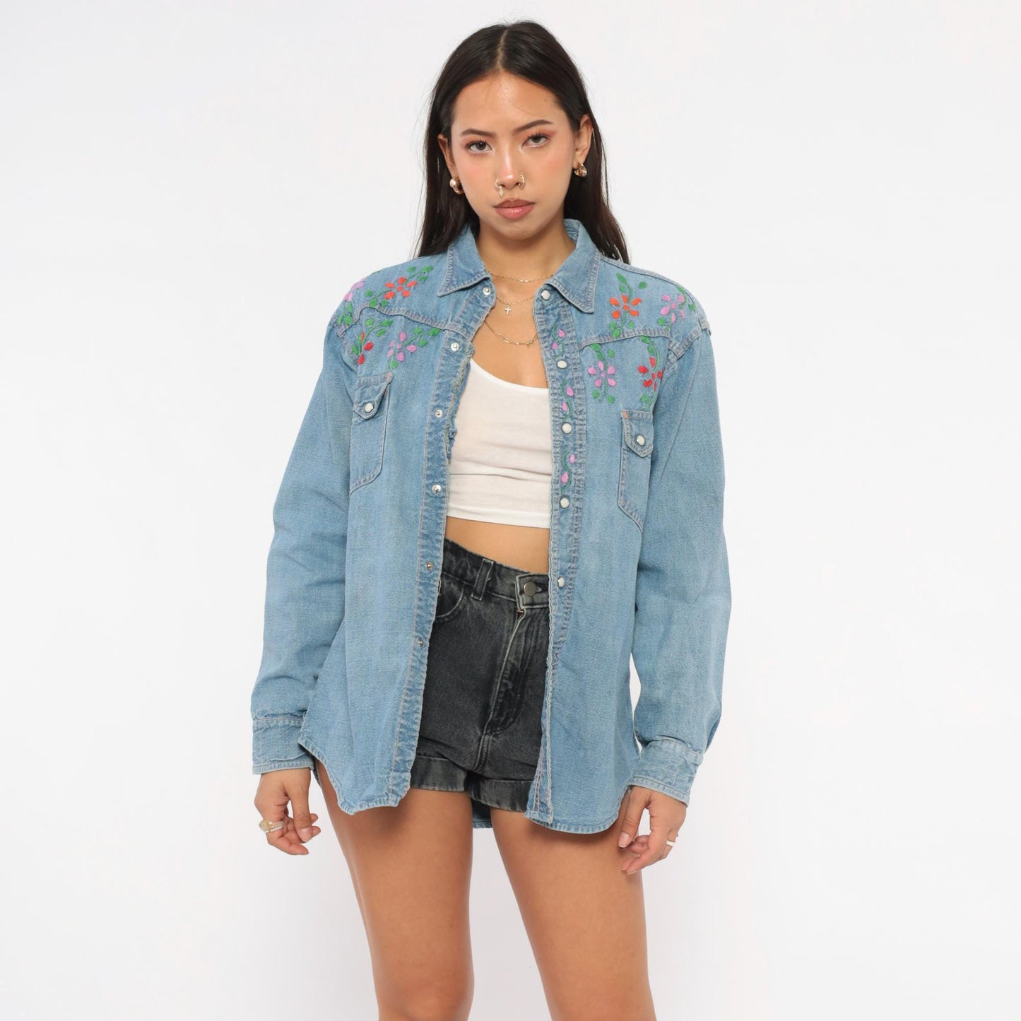 70s Light Wash Denim Western Shirt Floral Embroidered Pearl Snap Medium