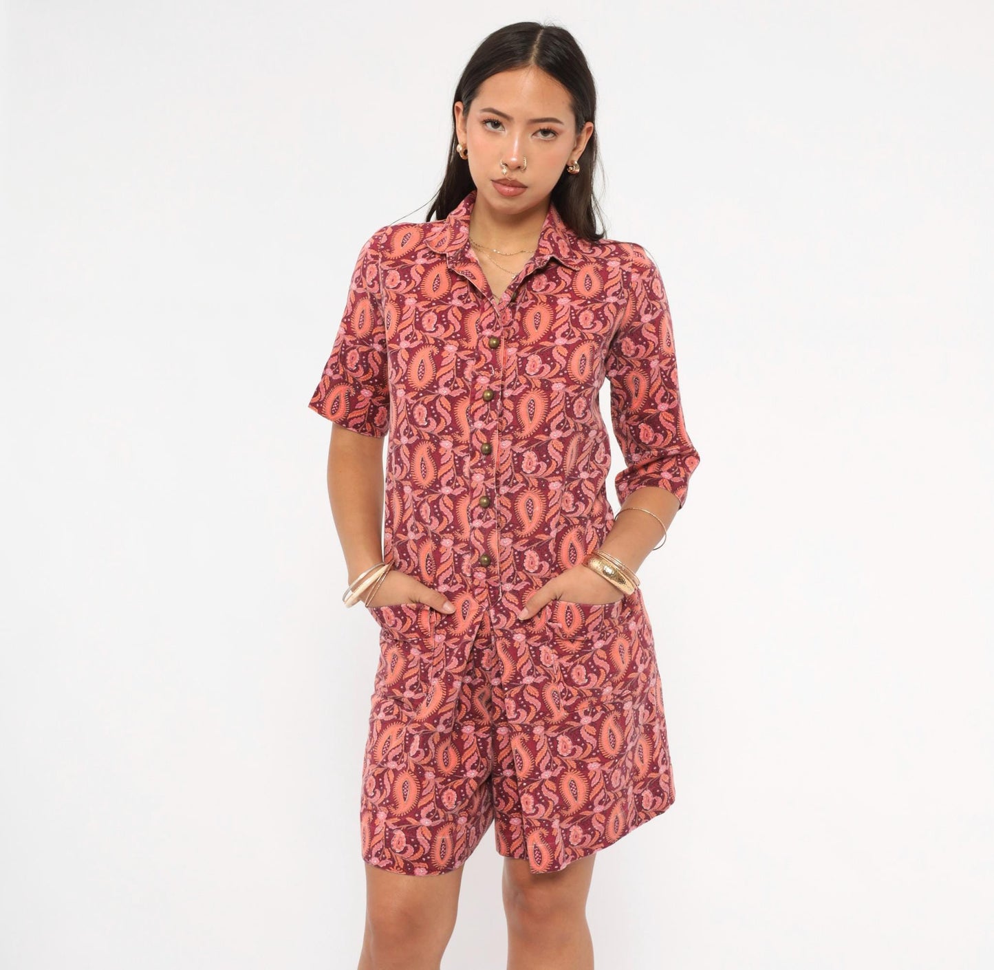 70s Paisley Romper Playsuit Cotton Jumpsuit Rose Coral Floral Mini XS