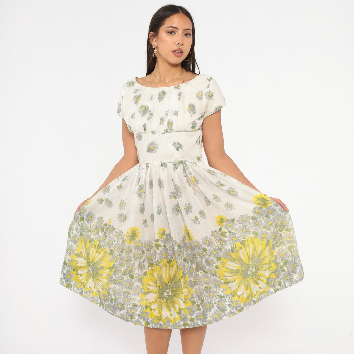 60s Daisy Print Fit And Flare Dress White Yellow Cotton Cap Sleeve Extra Small XS