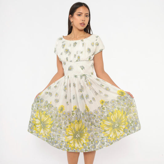 60s Daisy Print Fit And Flare Dress White Yellow Cotton Cap Sleeve Extra Small XS