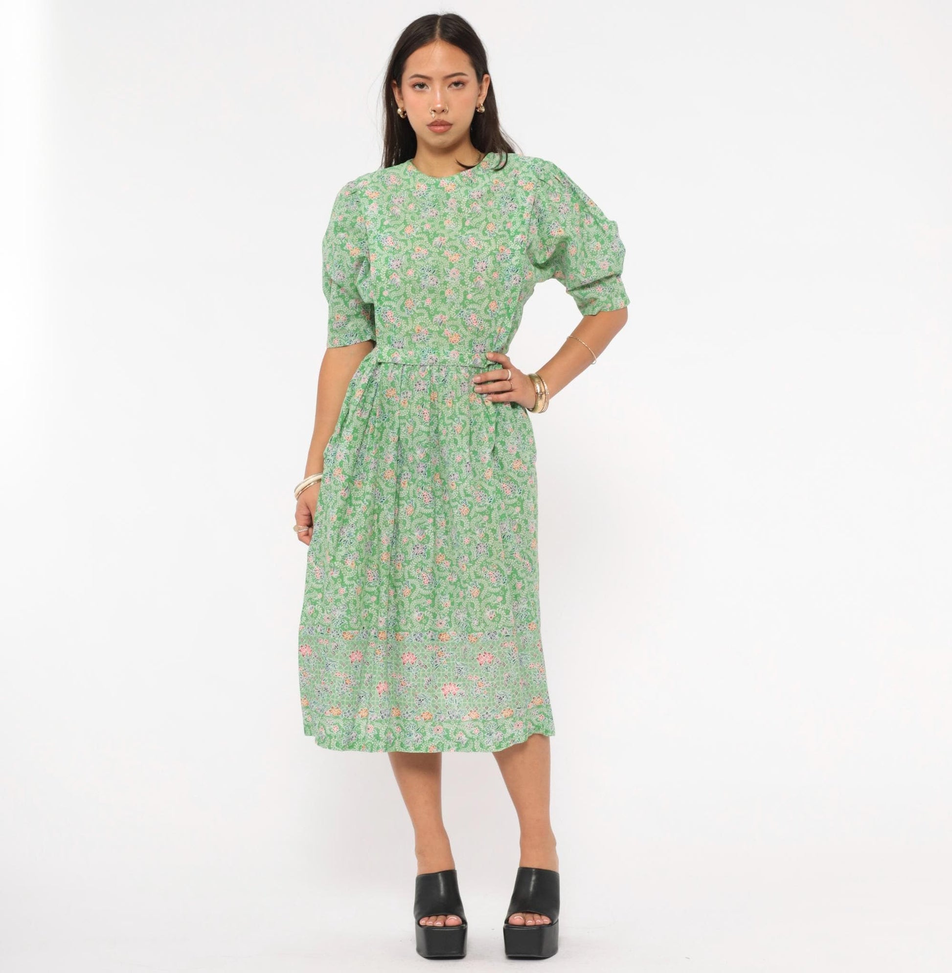 70s Jane Schaffhausen Floral Midi Dress Puff Sleeve Cotton Green Botanical Medium M
