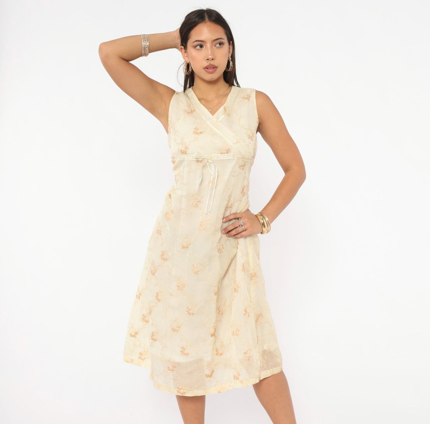 Y2K Nice Mommy Cream Organza Floral Embroidered Dress Gold Vine Knee Length Large L