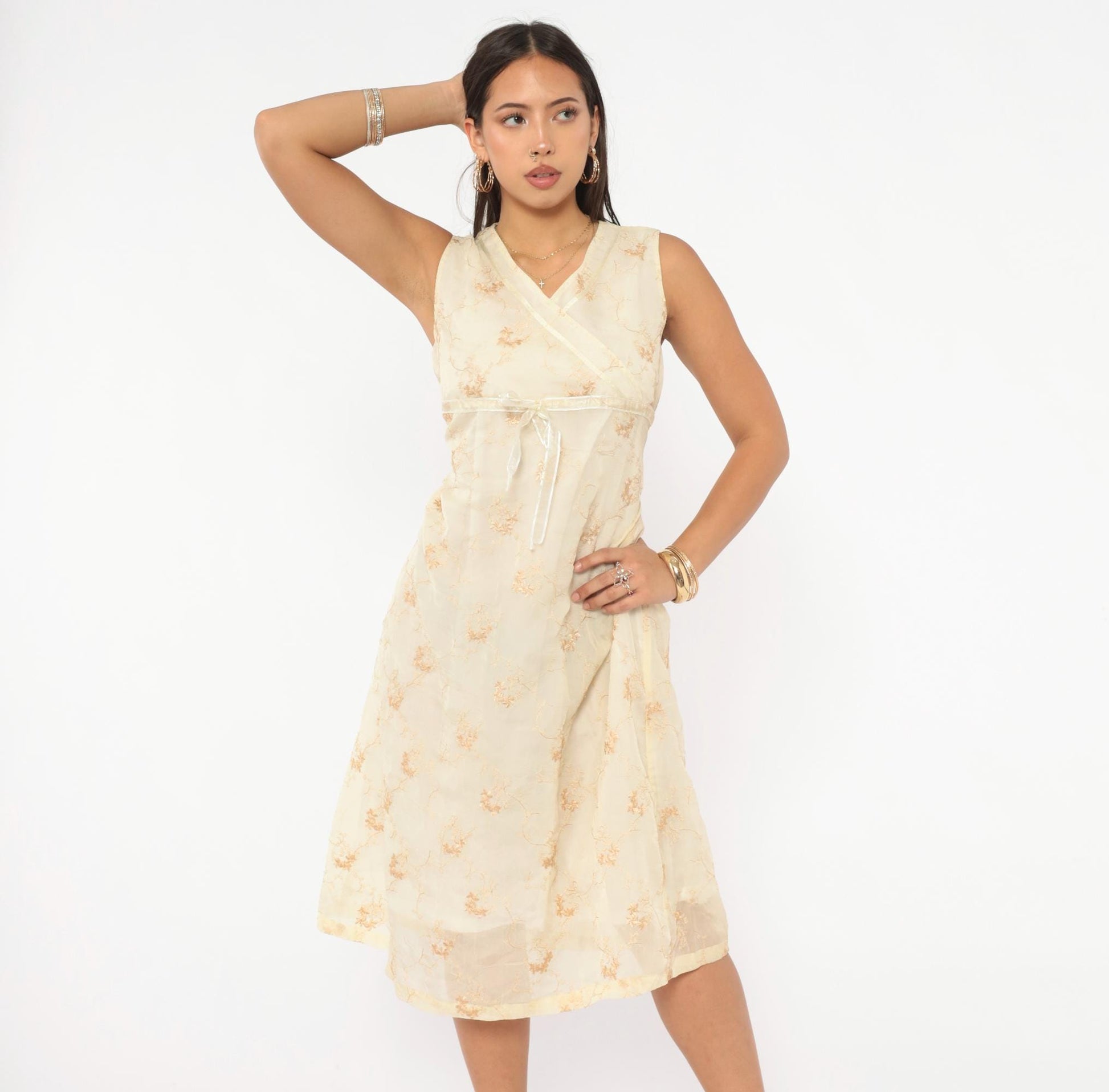 Y2K Nice Mommy Cream Organza Floral Embroidered Dress Gold Vine Knee Length Large L