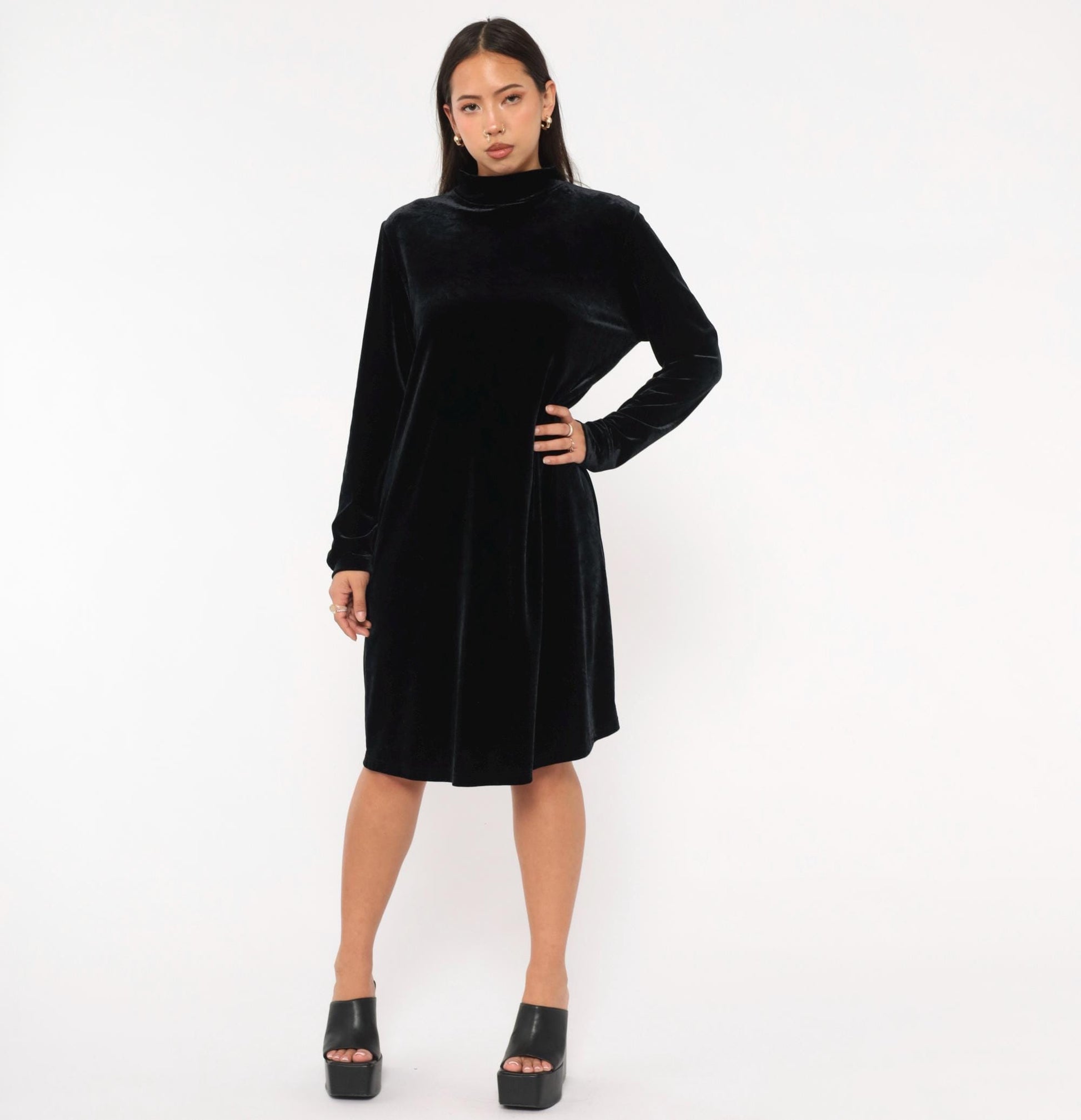 90s Jacqueline Ferrar Black Velvet Swing Dress Mock Neck Long Sleeve Large L