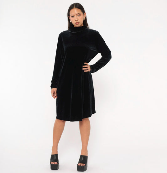 90s Jacqueline Ferrar Black Velvet Swing Dress Mock Neck Long Sleeve Large L