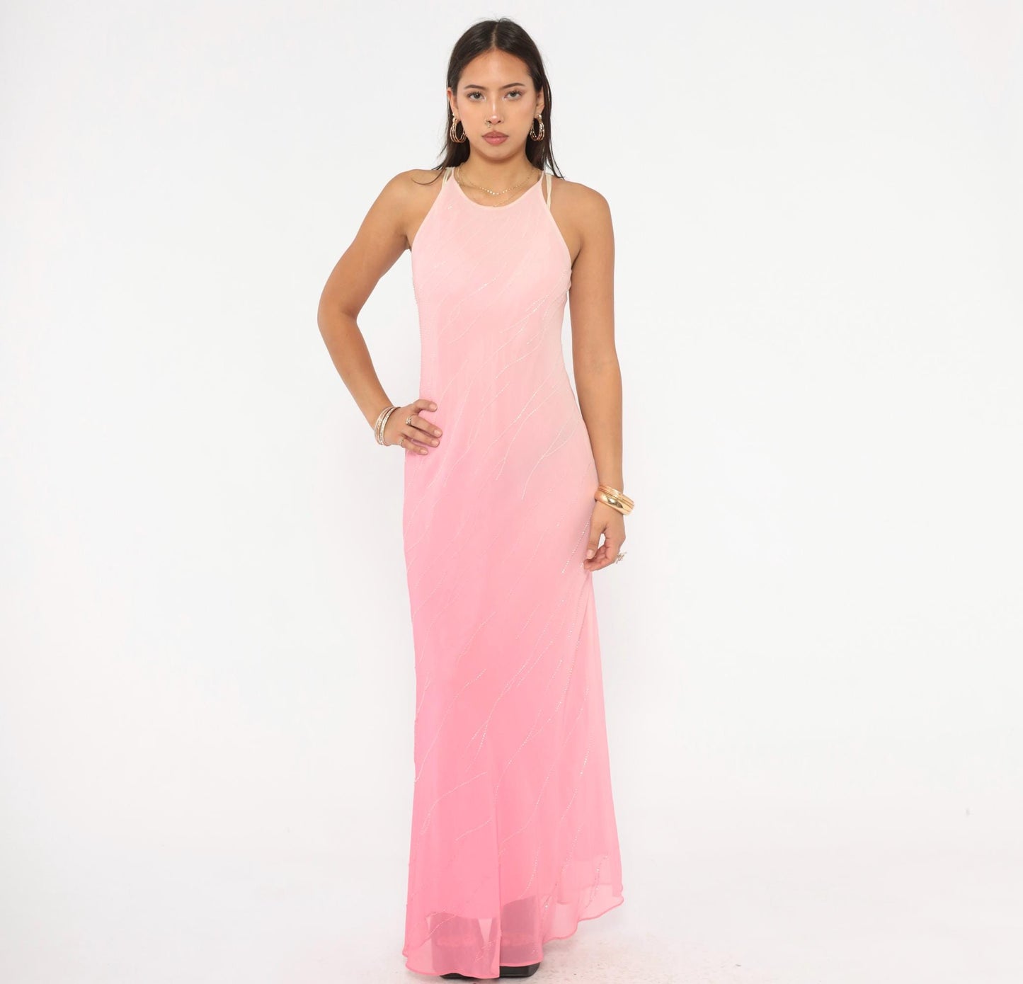 2000s Pink Ombre Beaded Maxi Gown Halter Chiffon Chelsea Nites Small