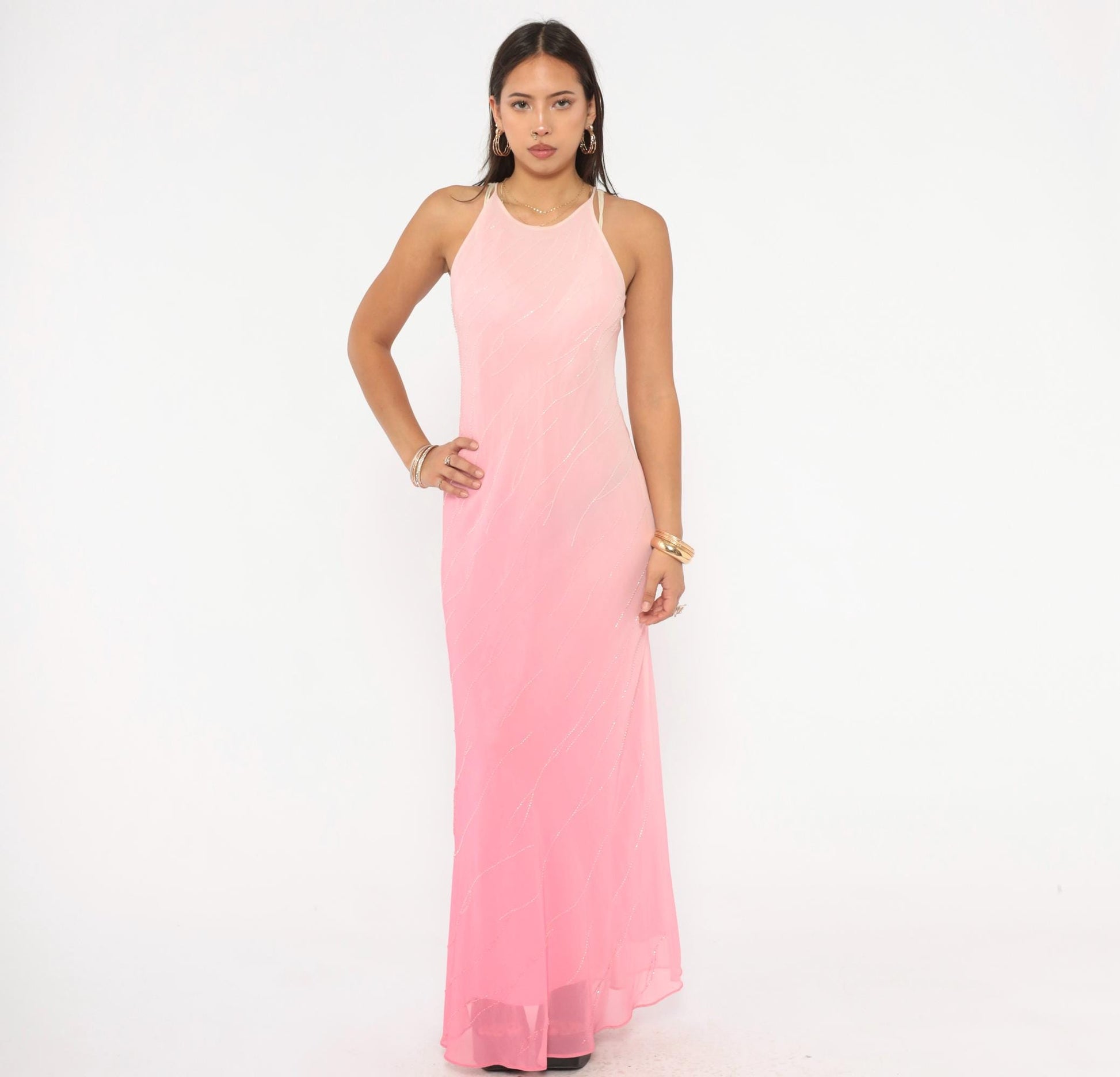 2000s Pink Ombre Beaded Maxi Gown Halter Chiffon Chelsea Nites Small