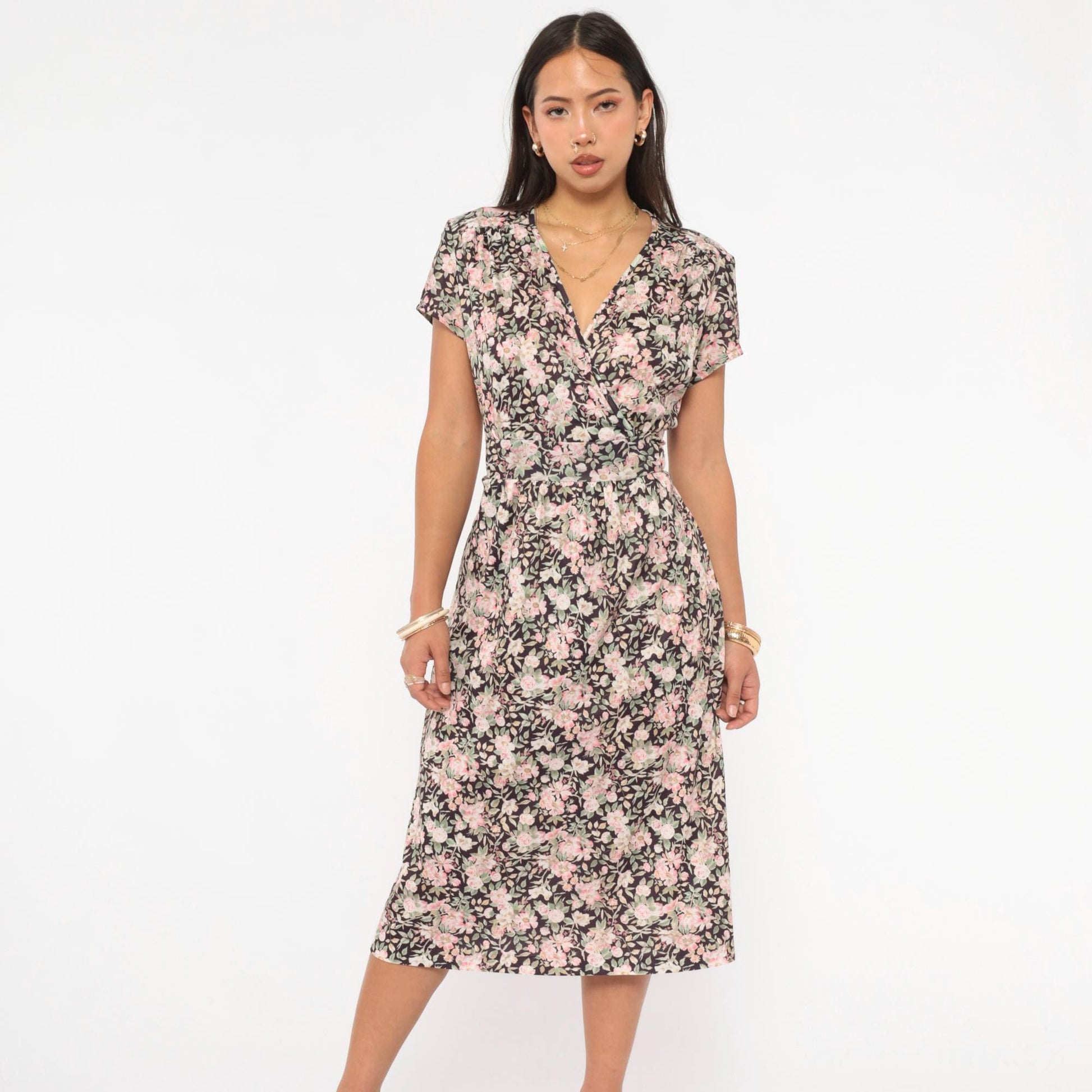 90s Mr. Duval Floral Wrap Dress Midi Garden Print Brown Pink Large L