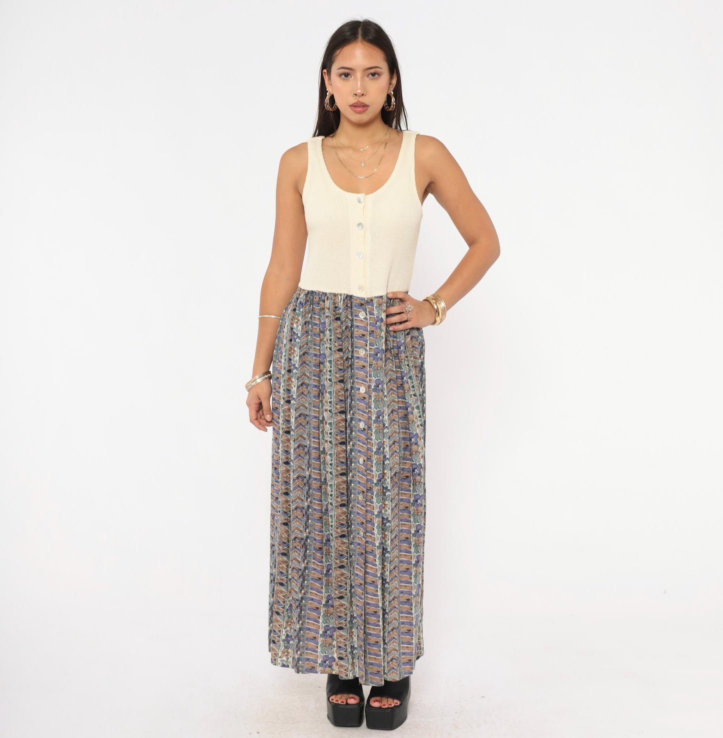 90s Ultimate Blues Maxi Dress Cream Waffle Knit Floral Skirt Medium