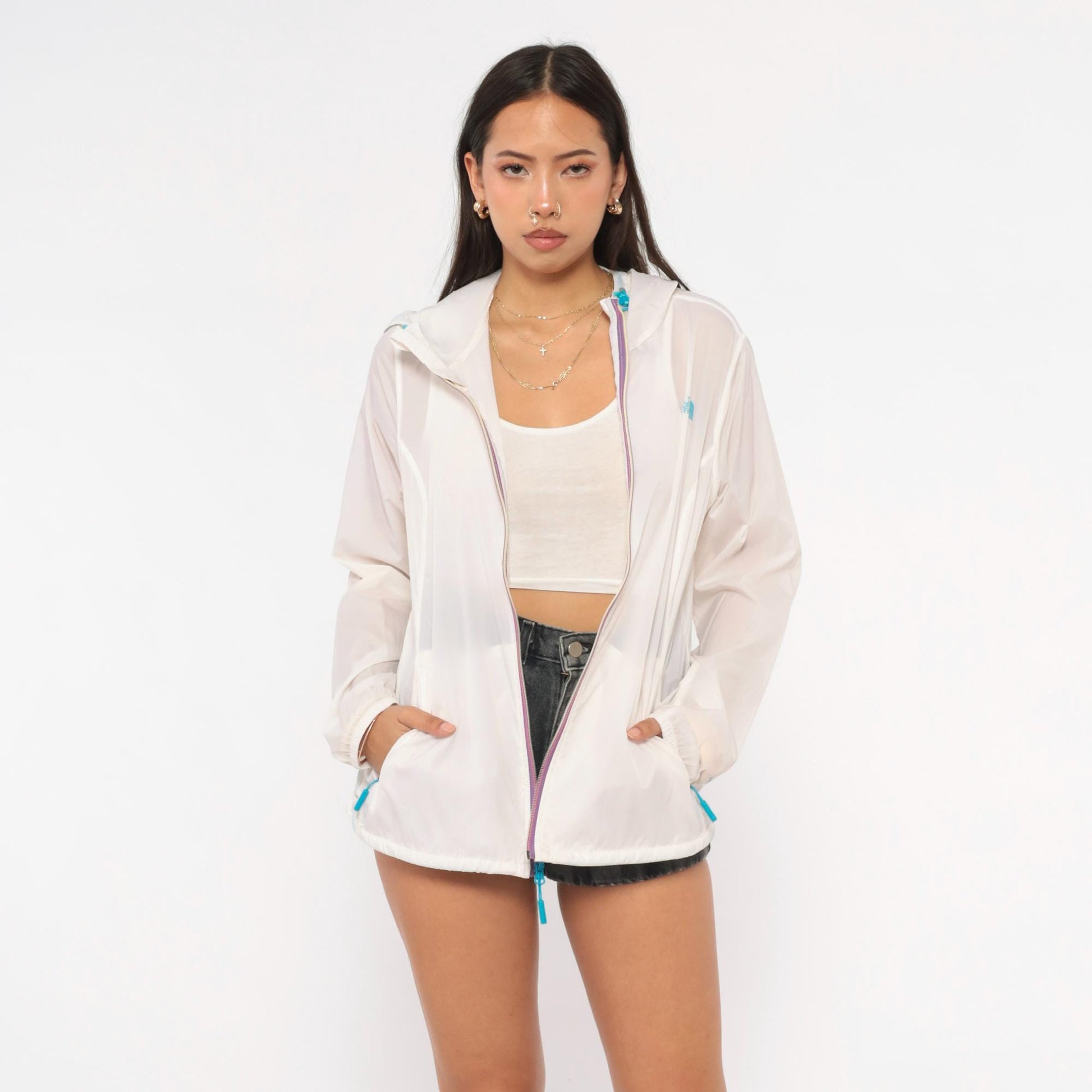 Y2K The North Face Sheer Windbreaker Hooded Jacket White Teal Large L