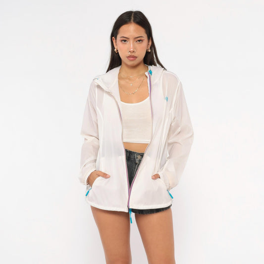 Y2K The North Face Sheer Windbreaker Hooded Jacket White Teal Large L