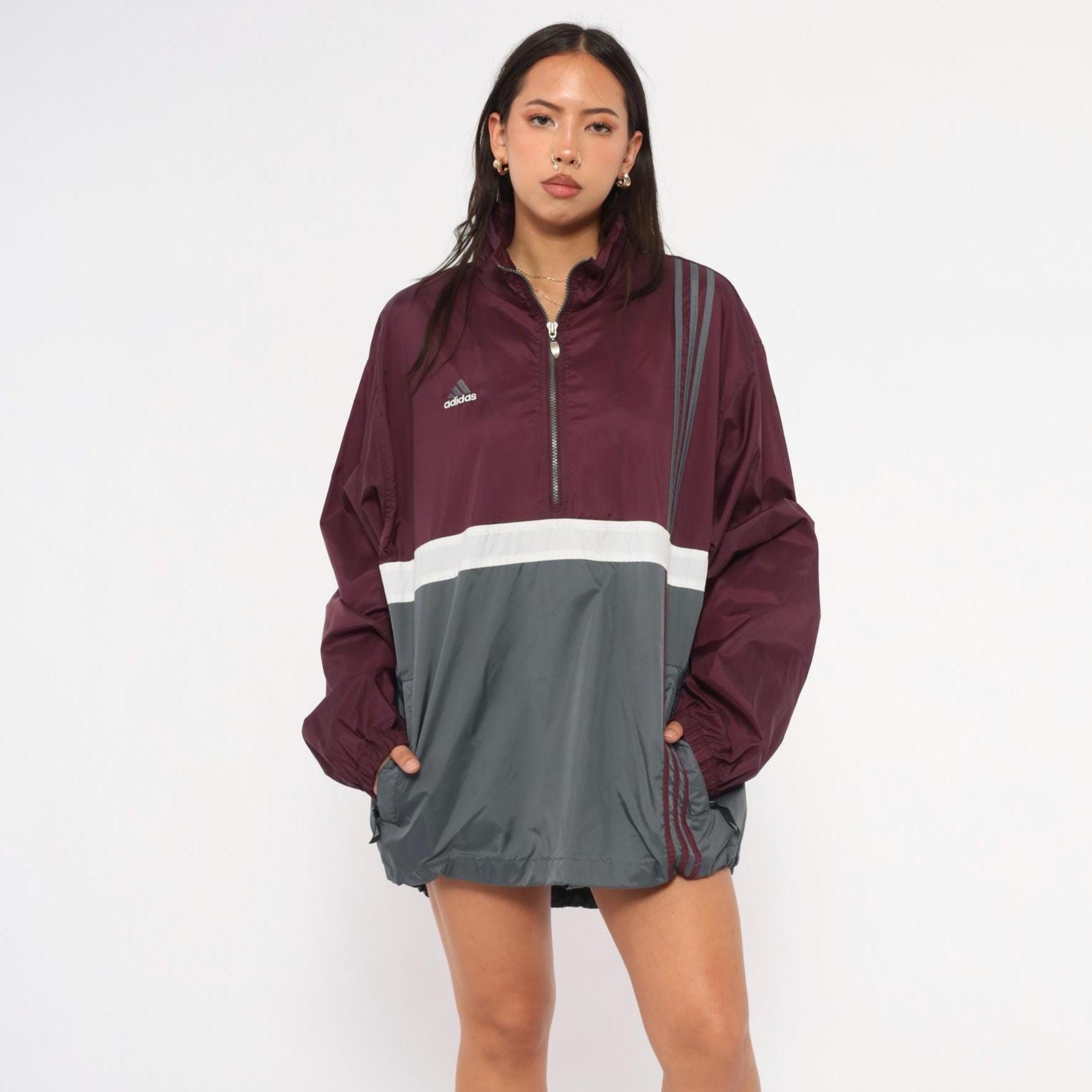 90s Adidas Half-Zip Windbreaker Burgundy Grey Colorblock Nylon Large