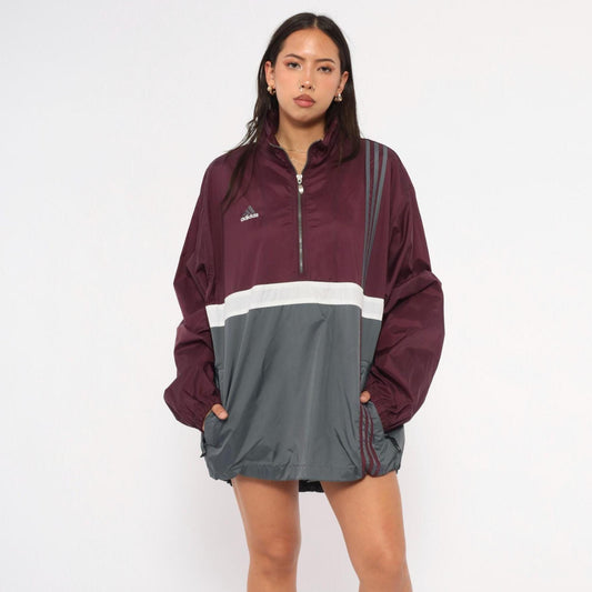 90s Adidas Half-Zip Windbreaker Burgundy Grey Colorblock Nylon Large