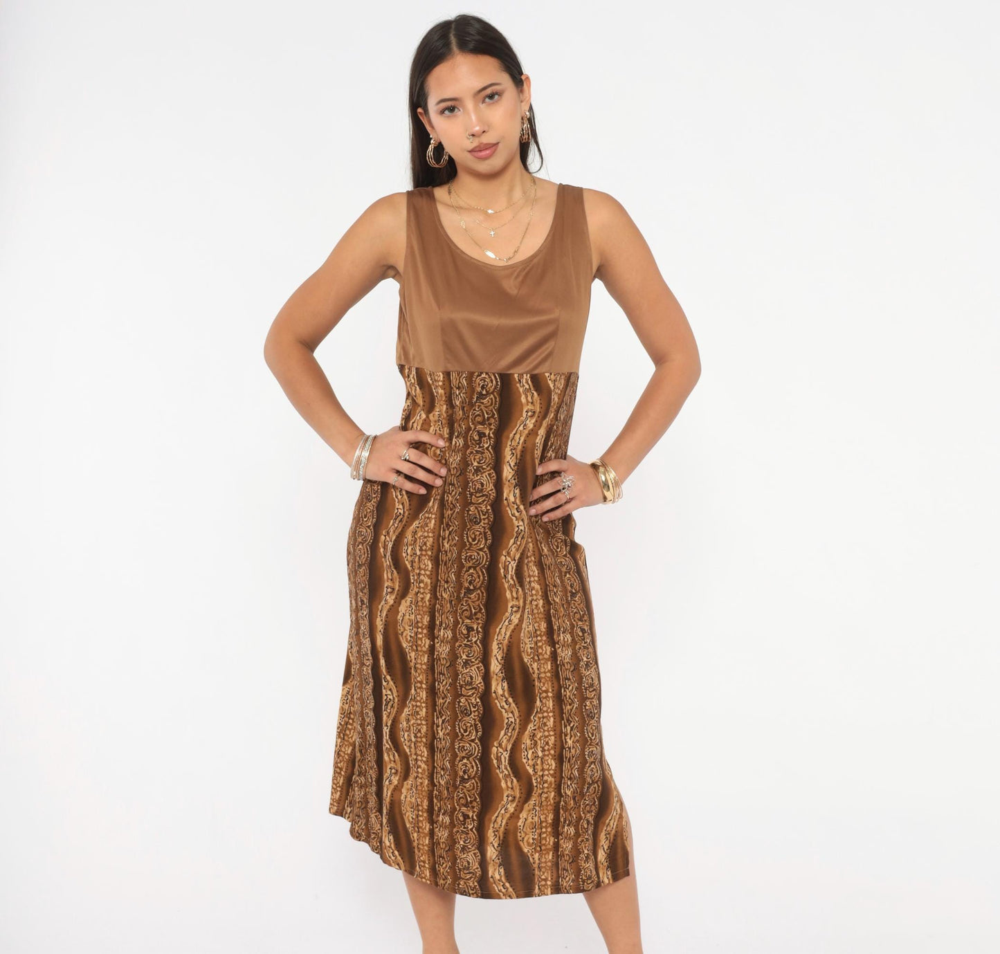 90s Molly Malloy Midi Dress Brown Tan Tribal Print Empire Waist Small
