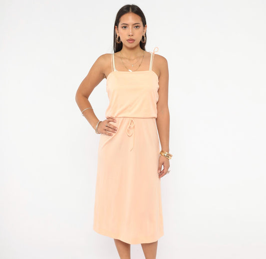 70s Peach Spaghetti Strap Midi Dress Tie Waist Blouson Bodice Small