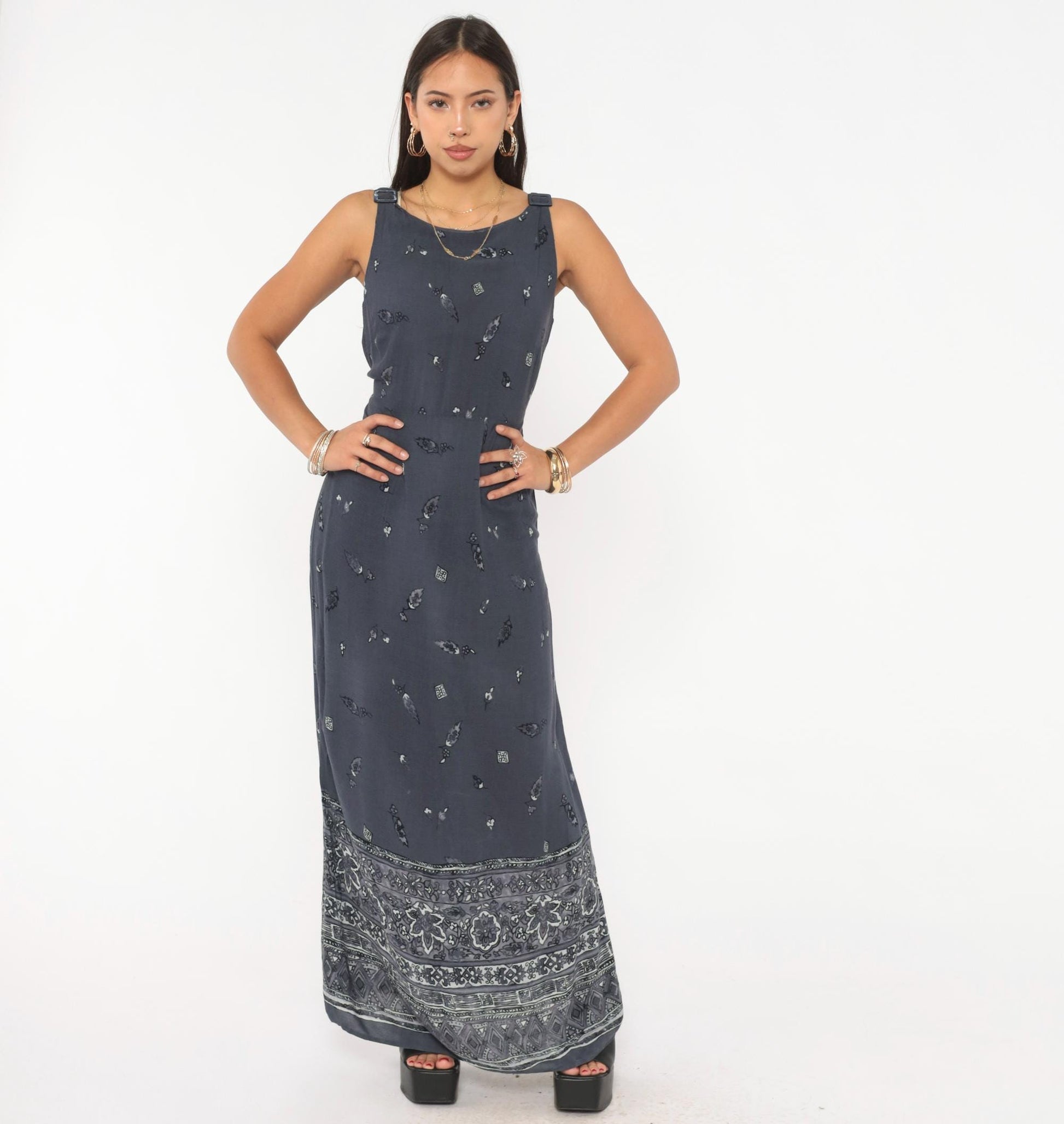 90s CDC Grey Floral Maxi Dress Tie Back Tank Small S