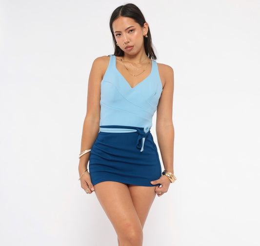 70s Oleg Cassini Peter Pan Swimsuit Sky Blue Navy Colorblock Wrap Playsuit Medium M