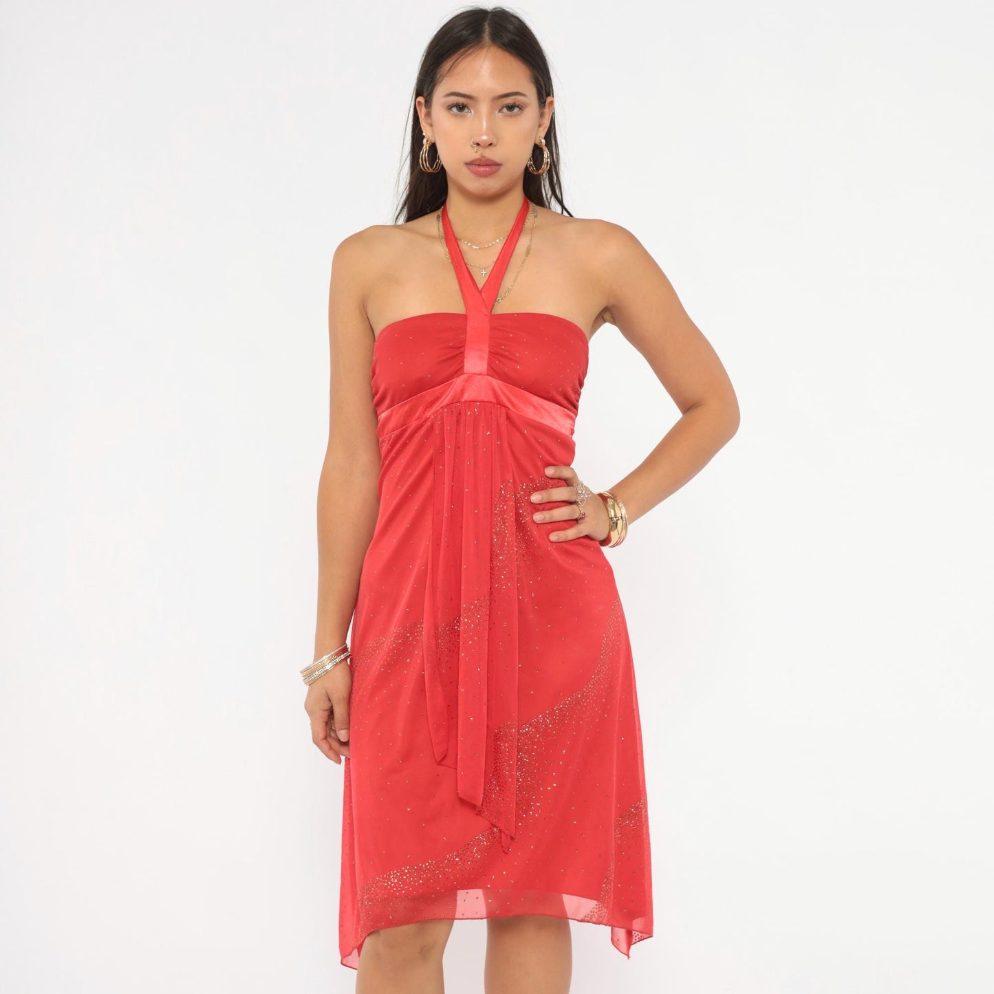 Y2K Red Halter Mini Dress Glitter Rhinestone Chiffon Extra Small XS