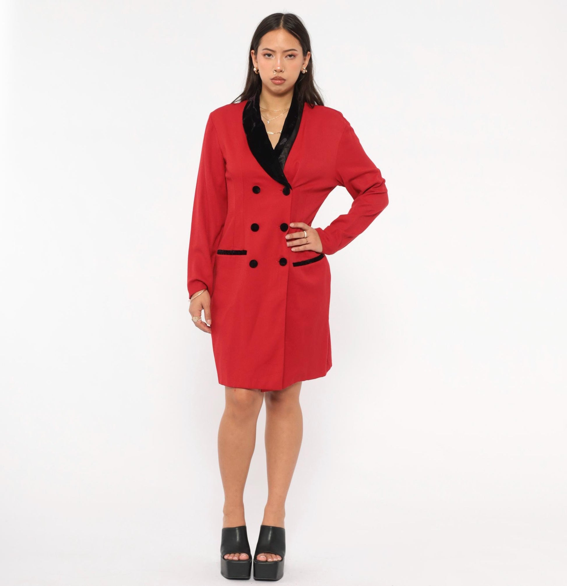 90s Scarlett Red Double Breasted Blazer Dress Velvet Collar Knee Length Small
